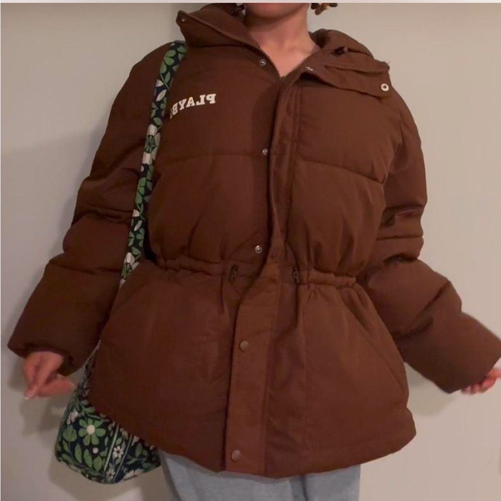 brown playboy hooded puffer jacket